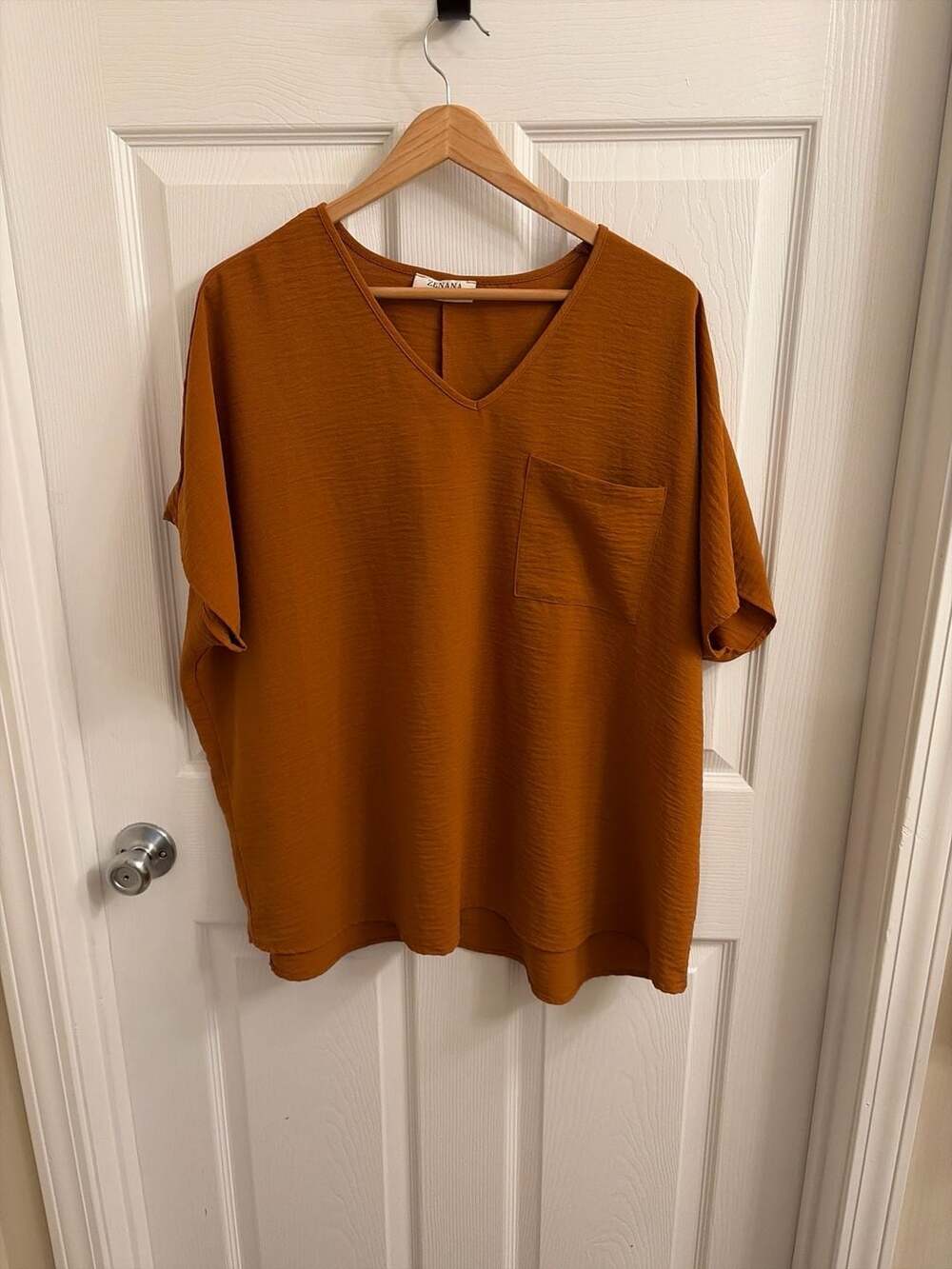 Zenana Rust V-Neck Short Sleeve Airflow Dolman Top with Front Pocket